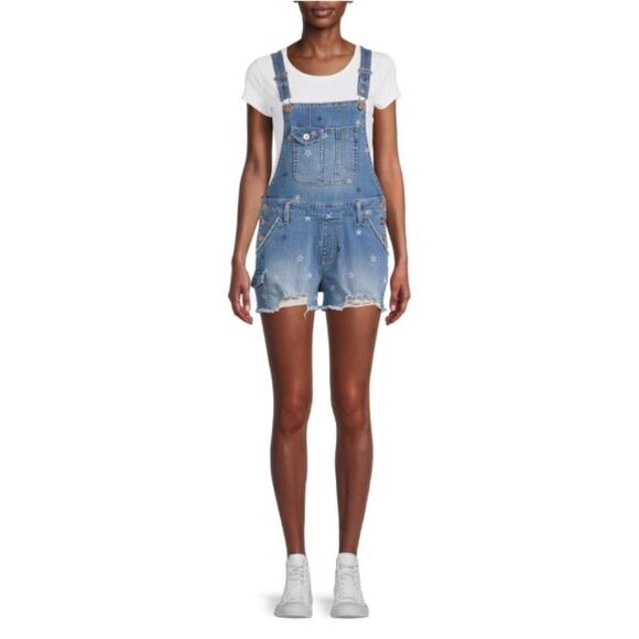 Womens Juniors Fashion Destructed Denim Shortalls Size L - Picture 2 of 5